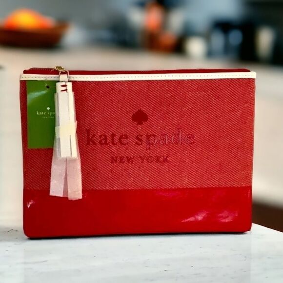 KATE SPADE NWT LARGE TASSEL POUCH BAG ASH ST LOGO HOT CHILI - Picture 1 of 5